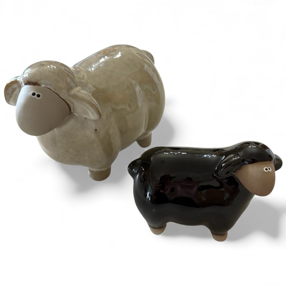 Glazed Ceramic Sheep Figurines Set Farmhouse Cute Black & Cream Decor NWOT